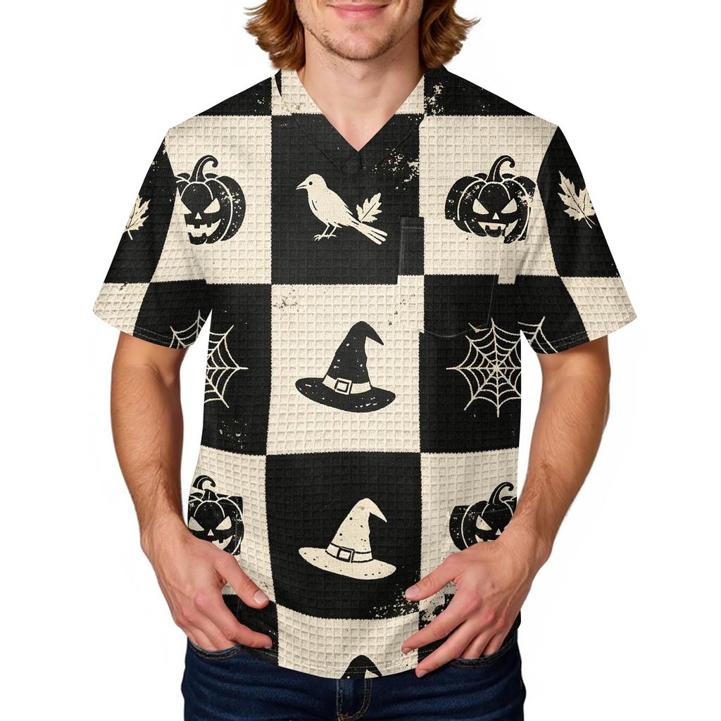 Men's Halloween Print Medical Scrub Top V Neck Pocket Comfortable Fit Daily Workwear for Healthcare Professionals