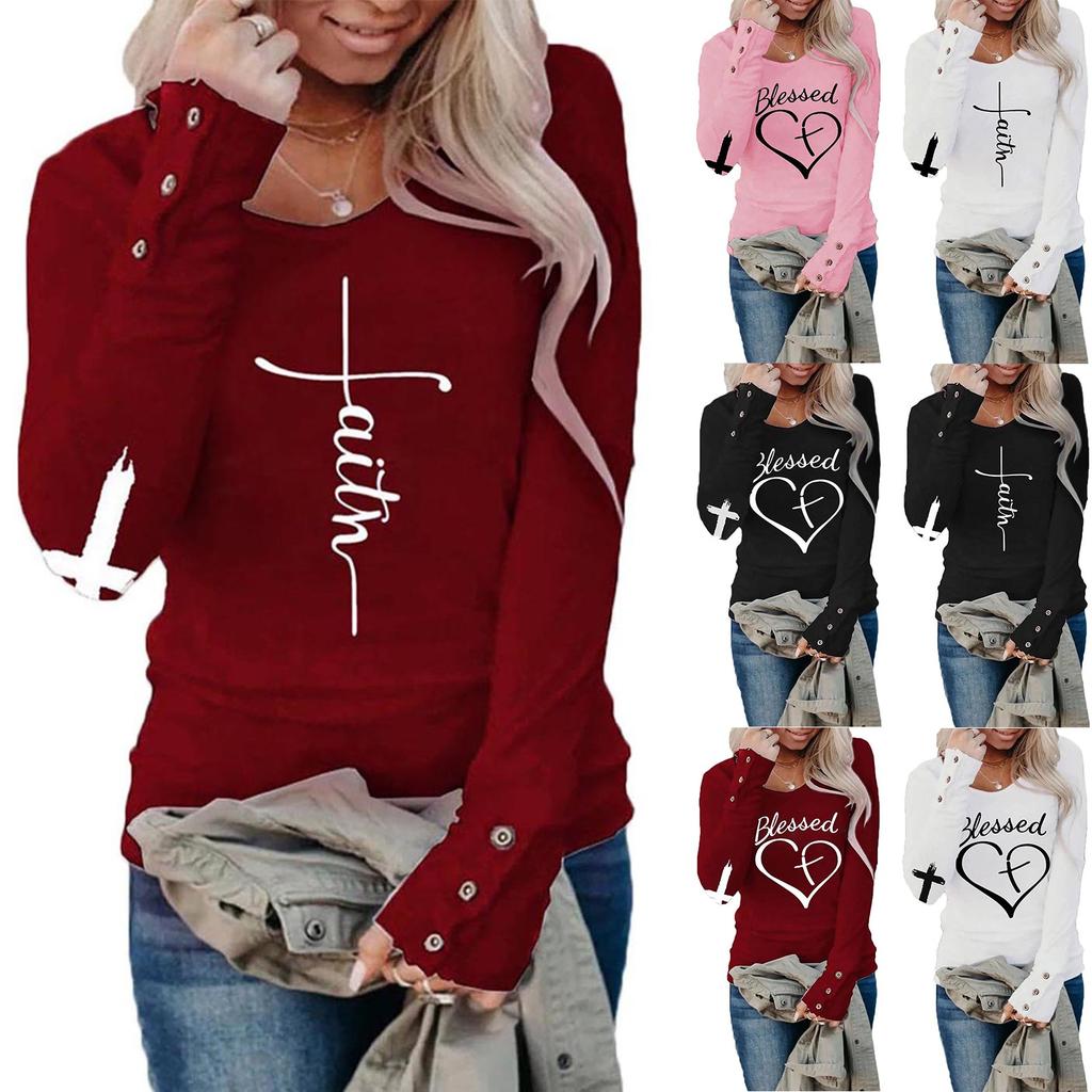 Tshirts For Women Long Sleeve,Round Sleeve Vertical Cross Casual Graphic Shirt,