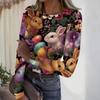 Women's Casual Fashion Round Neck Easter Print Long Sleeve Ribbed Top