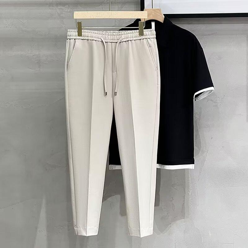 Casual Cropped Pants Men Anti Wrinkle Korean Style Draped Trousers Cone Shape Spring Summer Long Pants