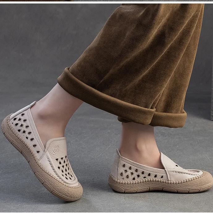 Johnature Hollow-out Breathable Flats Genuine Leather Comfortable Loafers Retro Versatile Women's Shoes