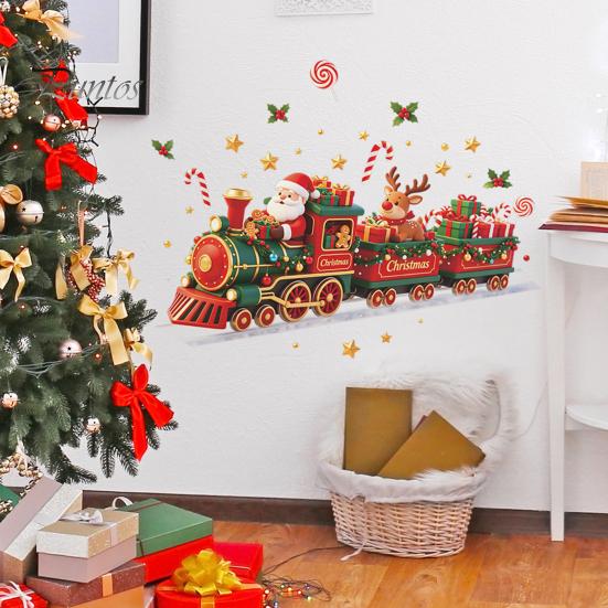 Transparent Pvc Holiday Mural Christmas Train Wall Sticker, Santa Claus Reindeer Decals, Self Adhesive Kids Room Ornament Murals, Removable