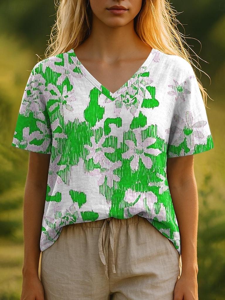 Summer Women's T-Shirt Bohemian Style 3d Print Casual Short-Sleeved V-Neck Loose Women's Clothes