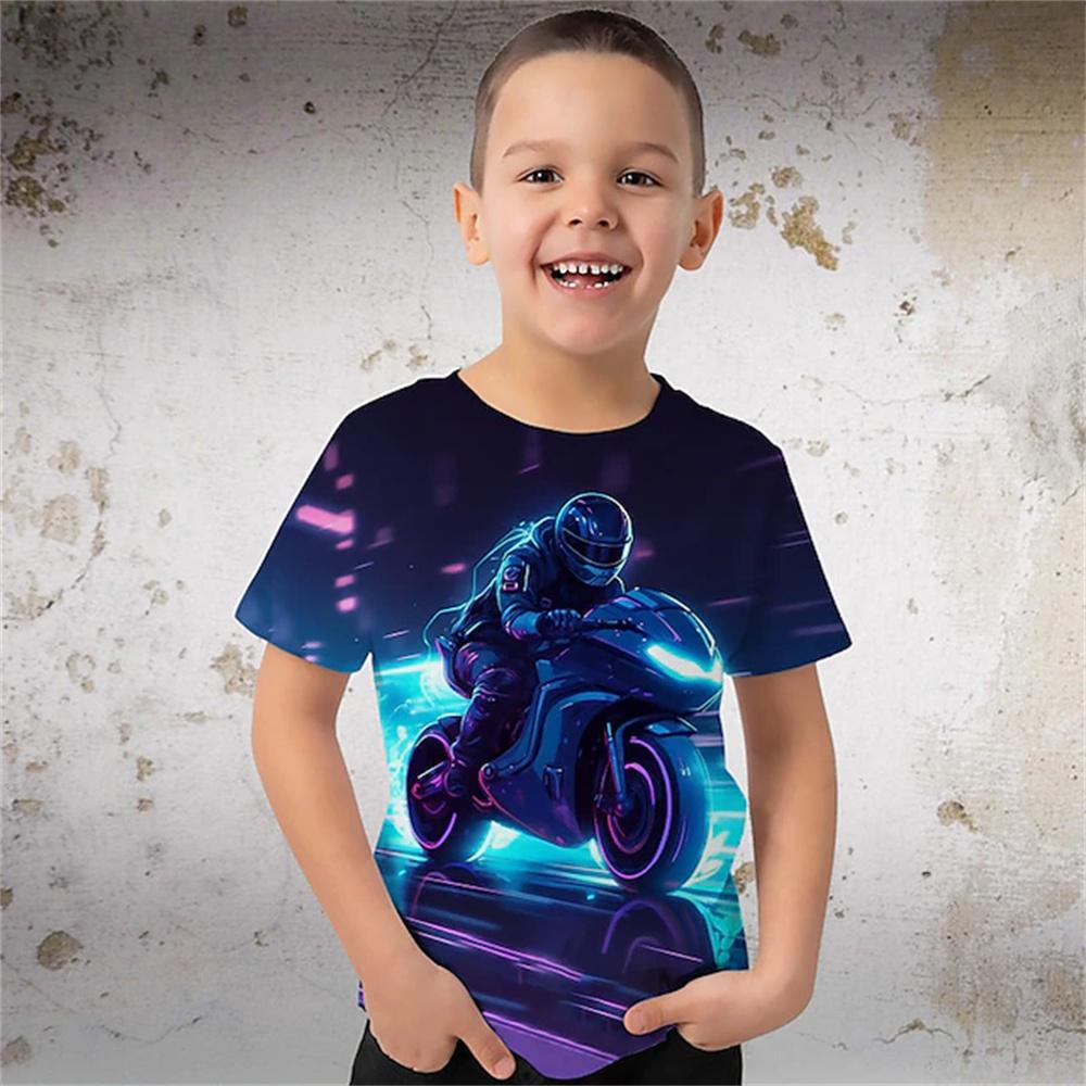 Summer Round Neck 3D Cool Racing Car Graphics Printed Top Fashionable Casual Short Sleeved Children's Boy T-shirts