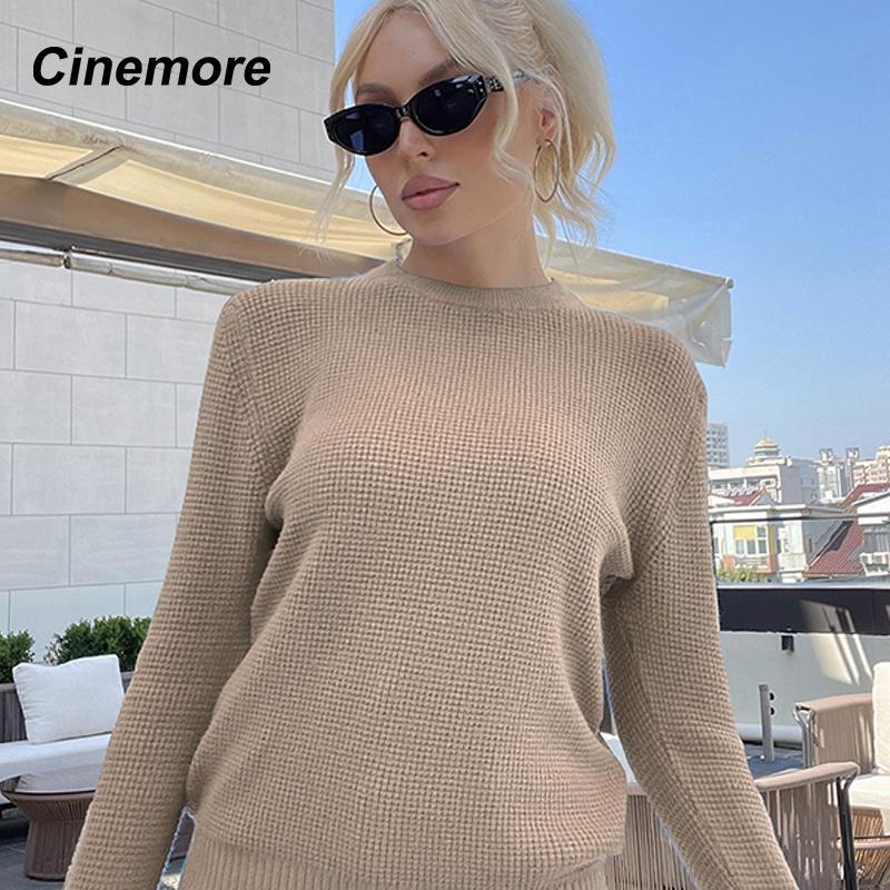 Cinemore Wiosna Jesień Damski Sweter Jednolity Oversize Casualowe Pulowery Ciepły Podstawowy Top z Długim Rękawem Okrągły Dekolt Dzianinowy Sweter Sweter