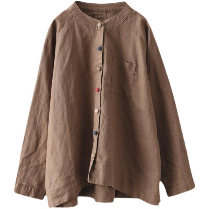 Koszula damska wiosenna vintage z bawełny i lnu, literacka, luźna, z długimi rękawami i klapami, wszystko na górze