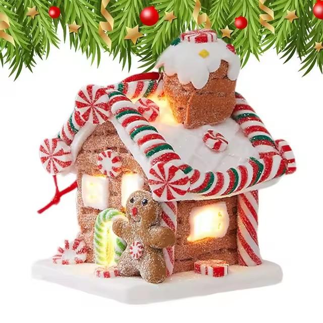 Lebkuchenhaus Baumspitze Leuchtende Mini-Lebkuchenhaus-Ornamente Märchen-Süßigkeitenhaus aus weichem Ton für Weihnachtsbaum