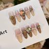 307 Long Oval Milky Yellow Cat Eye Press-On Nails with Bow, Gold Glitter, and Candy Color Skirt Edge