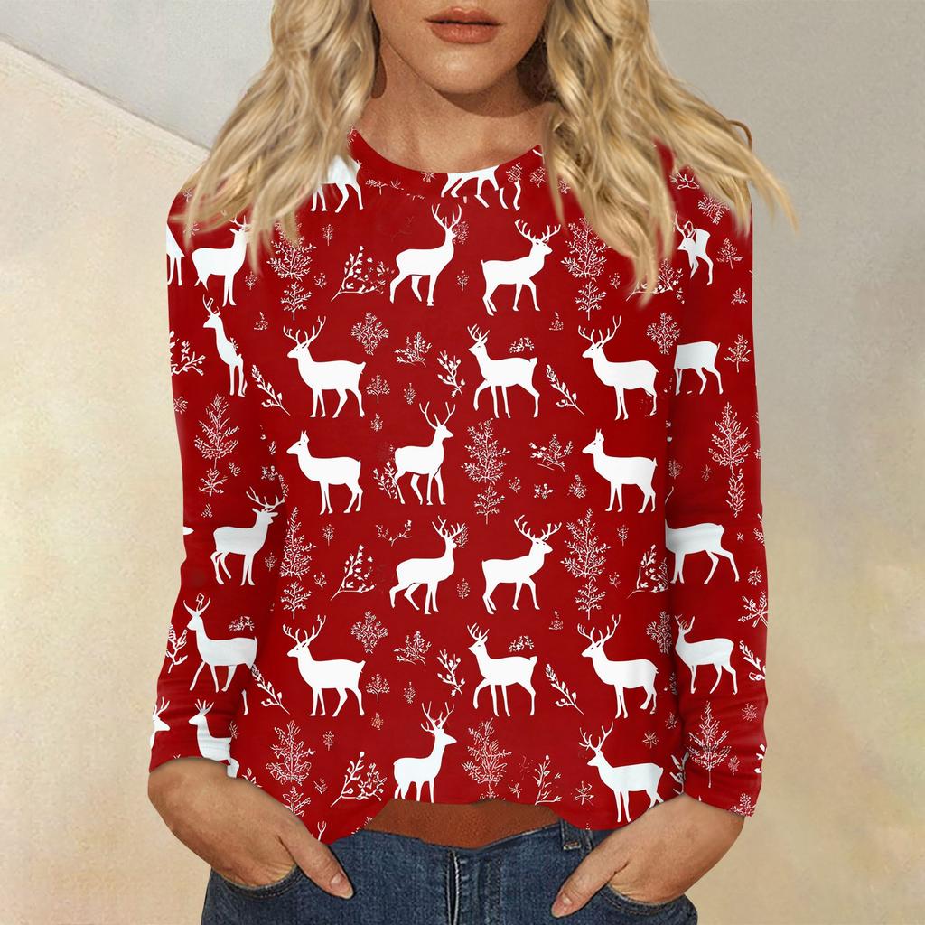 Mote for kvinner, avslappet juleprintet genser med rund hals og lange ermer