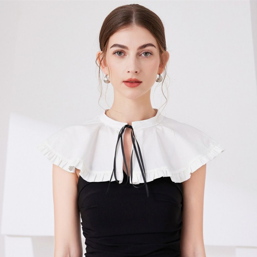 White Shawl Detachable Collar Bowknot Blouse Shoulders Fake Collar Ruffled Shawl  All Matching