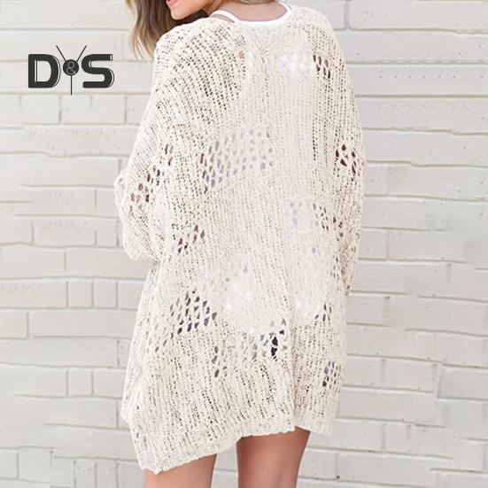 Women Knitted Coat Hollow Out Loose Long Sleeve Pure Color Knitwear Cardigan Mid Length Loose Elastic Spring Autumn Jacket