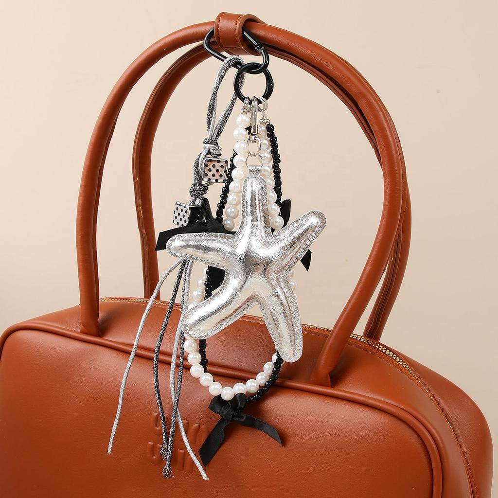 Pearl Strap Star Shape Leather Charms Woven Rope Tassel Bag Pendant Keychain Car Hanging Accessories Bag Decoration Phone Charm