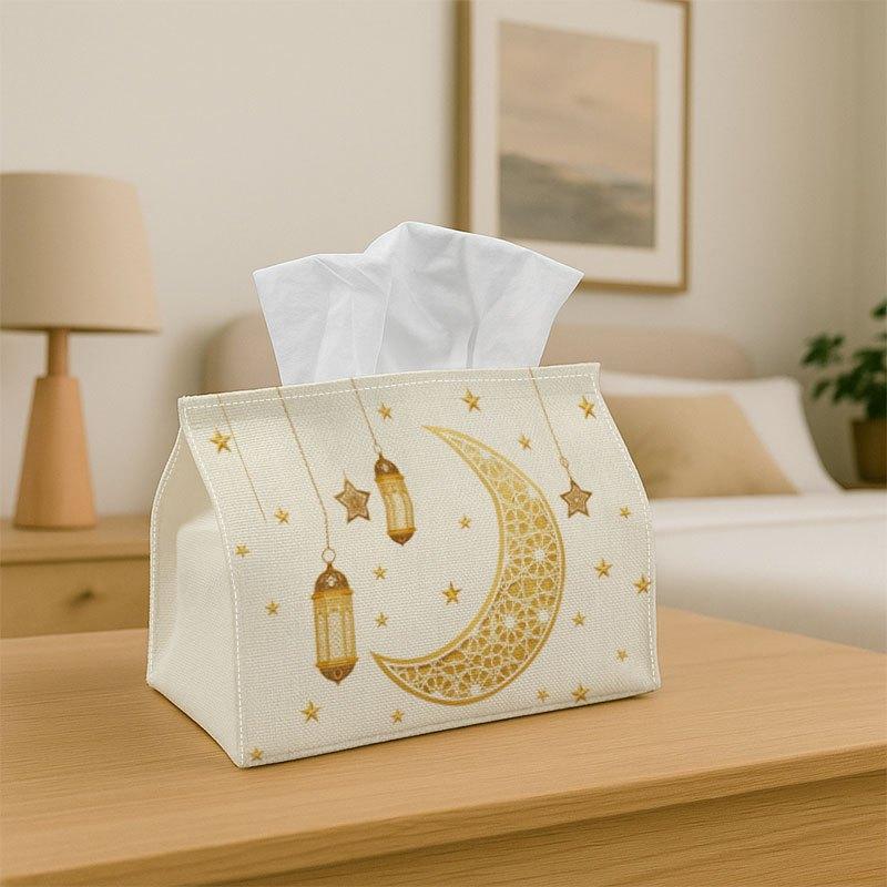 1pc Tissue Box, Golden Crescent Lanterns- Minimal Ramadan Background, Durable Decorative Storage for Kitchen, Living Room, Bedroom, Car- Multi-Functio