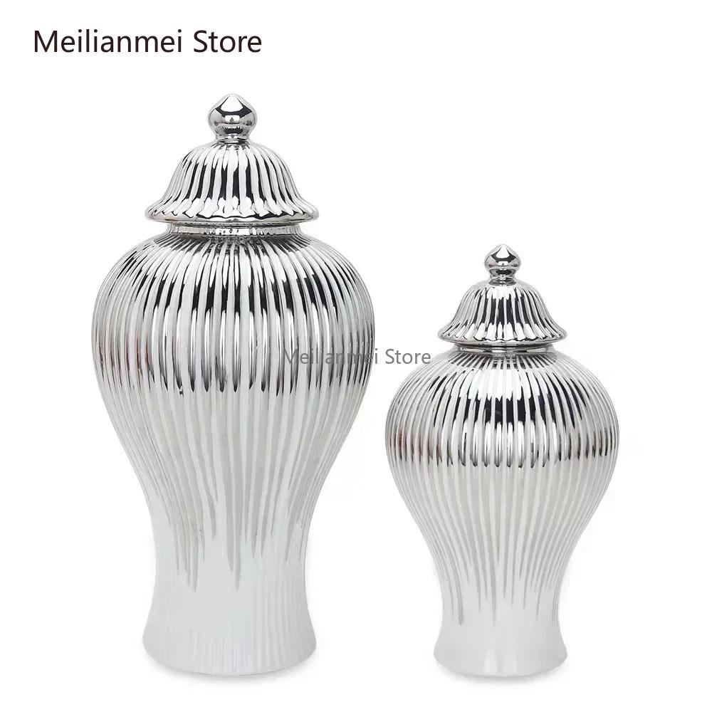 Ceramic Plated Gold Striped Vase Universal Storage Jar Desktop Ornament General Jar Hotel Home Dried Flower Vase Ginger Jar Gift
