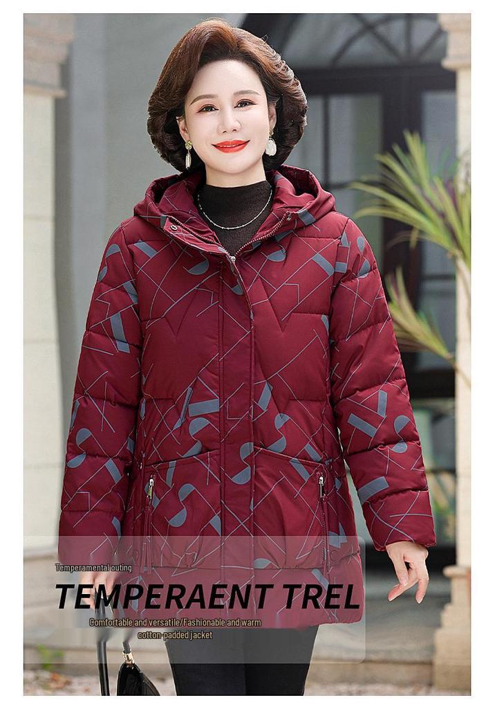 Hooded Floral Cotton Jacket for Middle-Aged Women - Plus Size Winter Fashion