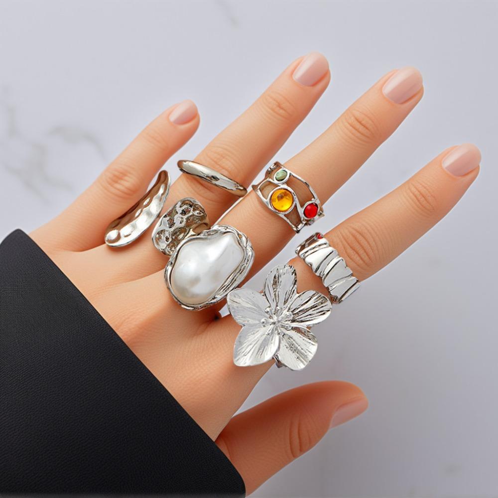 6 STK Unregelmäßige Übertriebene Metallblume Offene Ringe Damen Elegant Barock Imitationsperlenring Schmuckzubehör