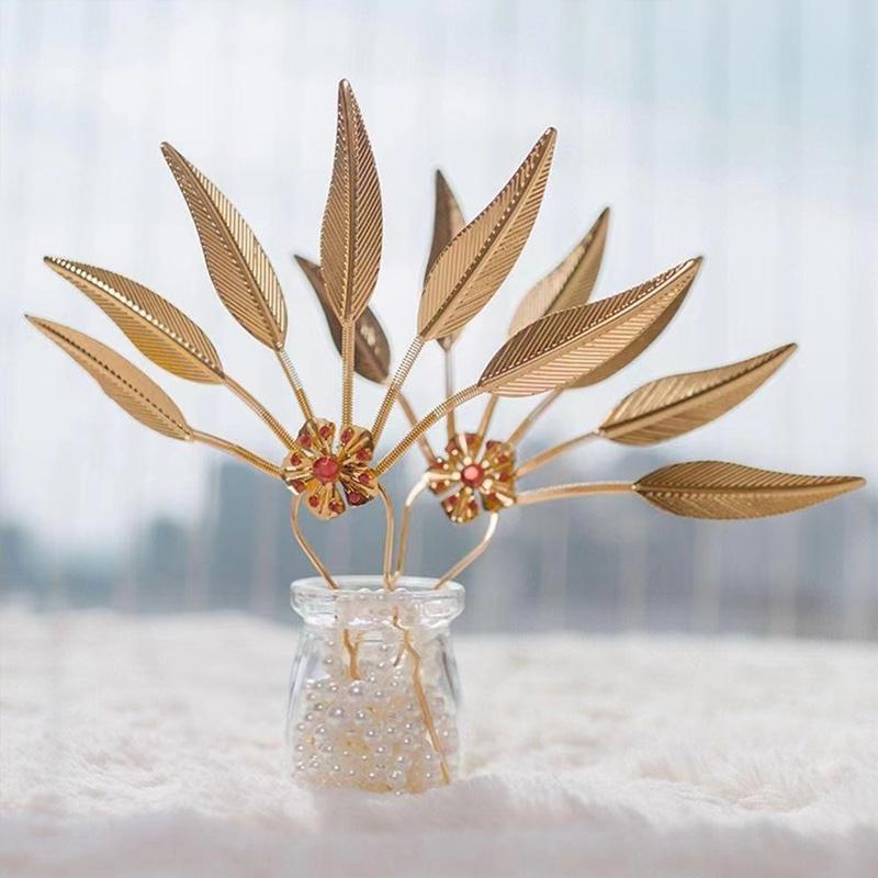 1PC Headwear Jewelry Thailand Ethnic Golden Dance Party Decoration Hairpin for Women Crystal Flower Hair Accessories Alloy Leaf