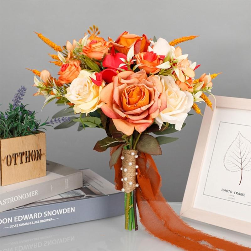 Exquisite Waterdrop Design Autumn Orange Flower Handheld Artificial Bouquet for Home Decoration and Events