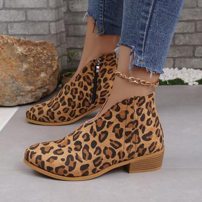 Europeo e Americano Taglia Grande Tacco Grosso Punta Rotonda Stivaletti Corti Stampa Leopardo da Donna Sottili a V Fondo Piatto Monocromatici in Suede Stivaletti Nudi