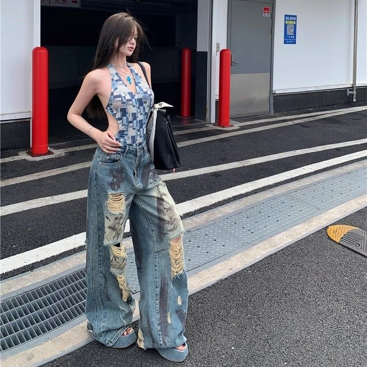 

Дизайнерский смысл рваных дыр Широкие джинсы Женские летние с высокой талией Большие размеры Свободные джинсы-попрошайки Ретро мешковатые Длинные джинсы для леди 4XL