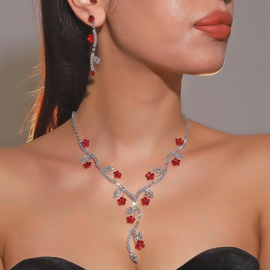 Shiny Full Diamond Flower Necklace Earrings Set Premium Sense Pieces Earrings Three-piece Set