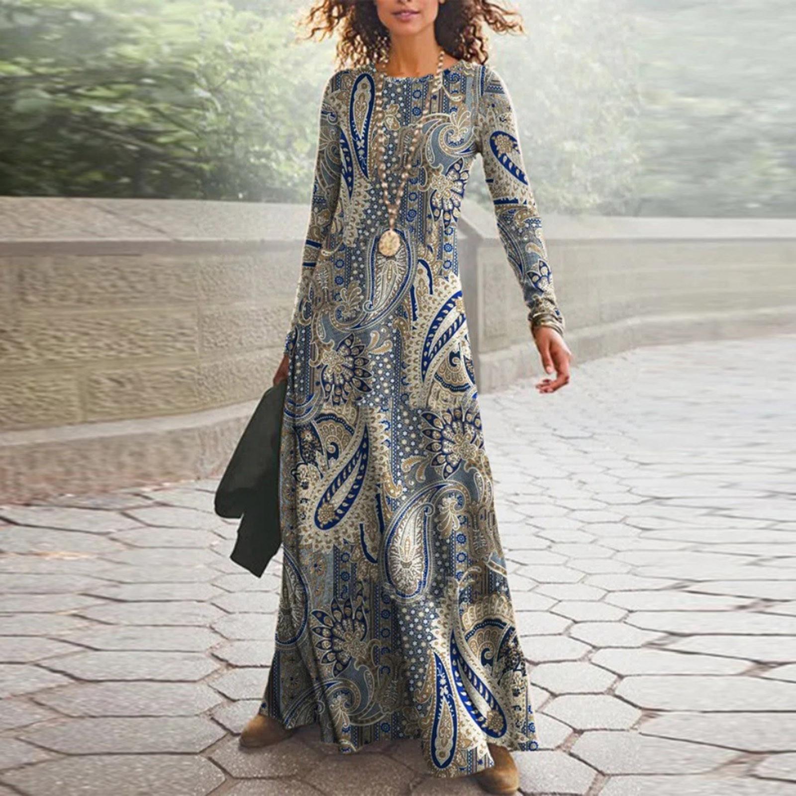 

Женское осенне-зимнее платье с круглым вырезом и длинным рукавом с цифровым принтом, платье с длинными рукавами и круглым вырезом S синий