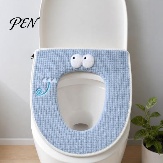 Hygienic Toilet Seat Lifter Zippered Cover with Handle, Warm Soft Jacquard Suede Cushion Mat, Cartoon Pattern Washable Bathroom Pad for Most Standard