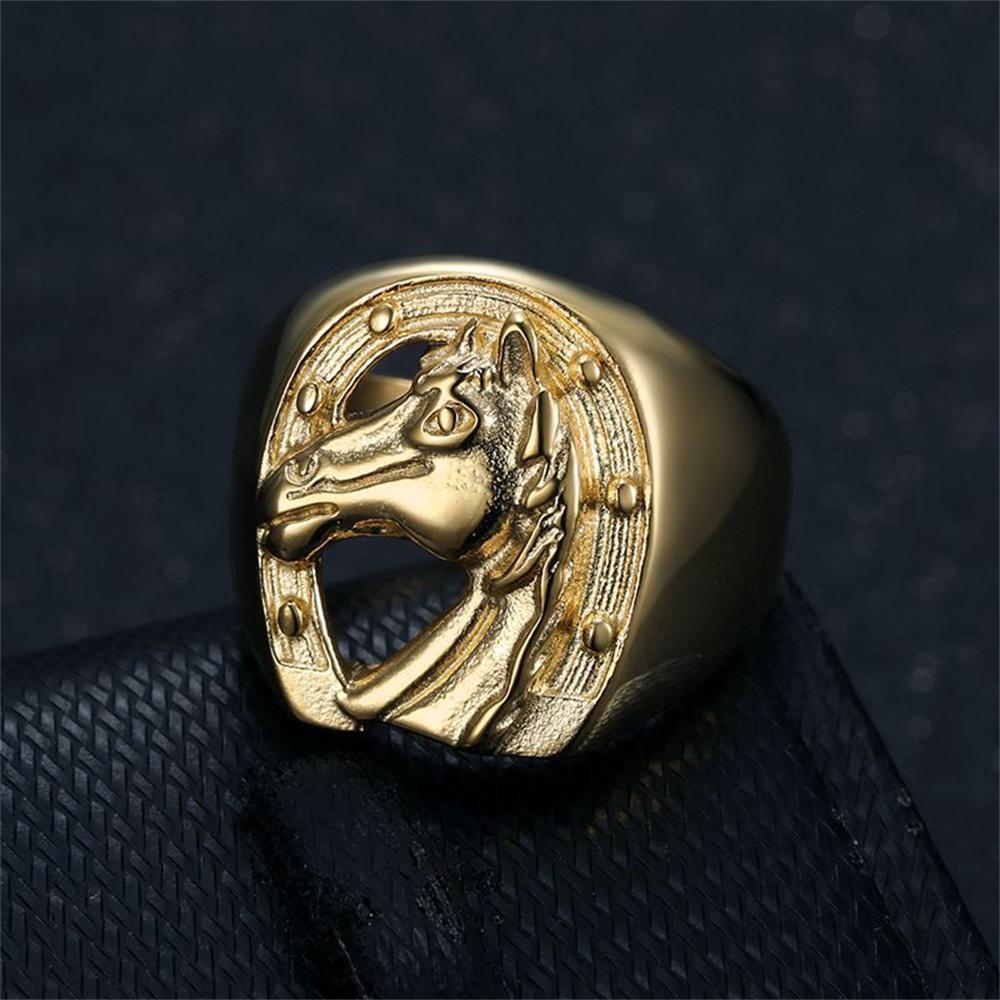 Punk Horseshoe Horse Head Ring Male Gold Color Stainless Steel Big Animal Rings For Men Party Jewelry Gift