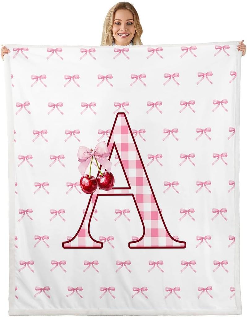 Erosebridal Initial P Letter Bowknot Fleece Blanket Throw Pink Bow Tie Cherry Sherpa Blanket Princess Coquette Decor Fuzzy