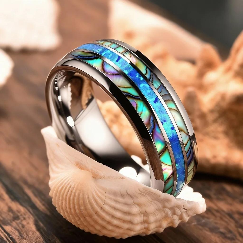 Fashion Men Silver Color Stainless Steel Rings, Inlay Blue Opal and Abalone Shell Rings For Men Women, Wedding Band Gift