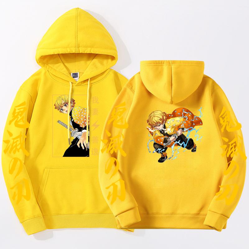 Men's Anime Demon Slayer Printed Hoodies Agatsuma Zenitsu Sweatshirt Harajuku Sleeve Loose Streetwear Casual Unisex Pullover