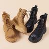Thick Soled British Style Women's Boots with Soft Leather and Plush Ankle Boots, Fashionable Height Increasing Motorcycle Boots