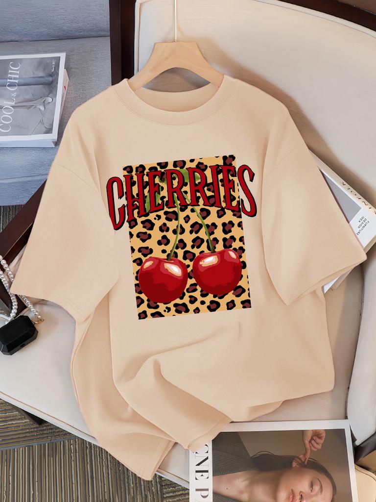 Leopard Cherry Creative Design Womens Tee Shirts Cotton Casual T Shirt Summer O-Neck Streetwear Soft Oversized Short Sleeve