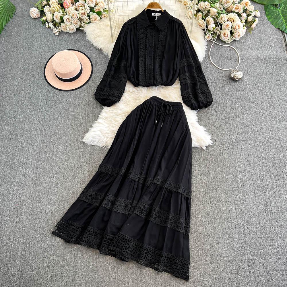 Lace Panel Long Sve Irt And High Waist Flared Skirt Set Women's Faion Ensemble Hollow Out Design Slimming Women Suit 2 Pieces Set