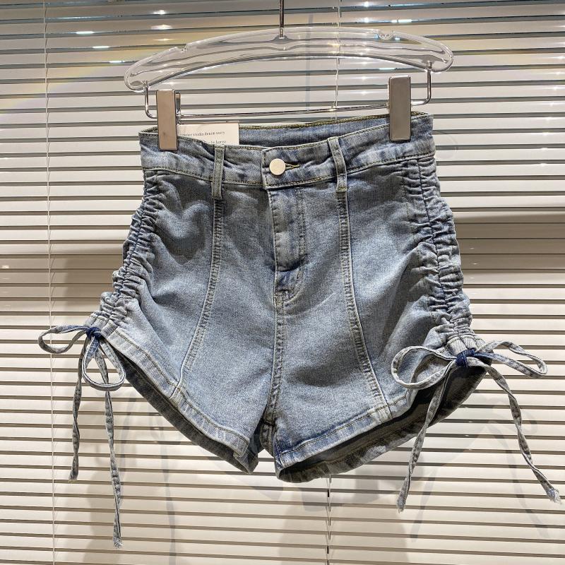 Rahat Skinny Moda ve Çok Yönlü Tasarım Anlayışı Denim Şort Kadın Yaz Yüksek Bel Lastikli Slim Düz İpli A Kesim Pantolon