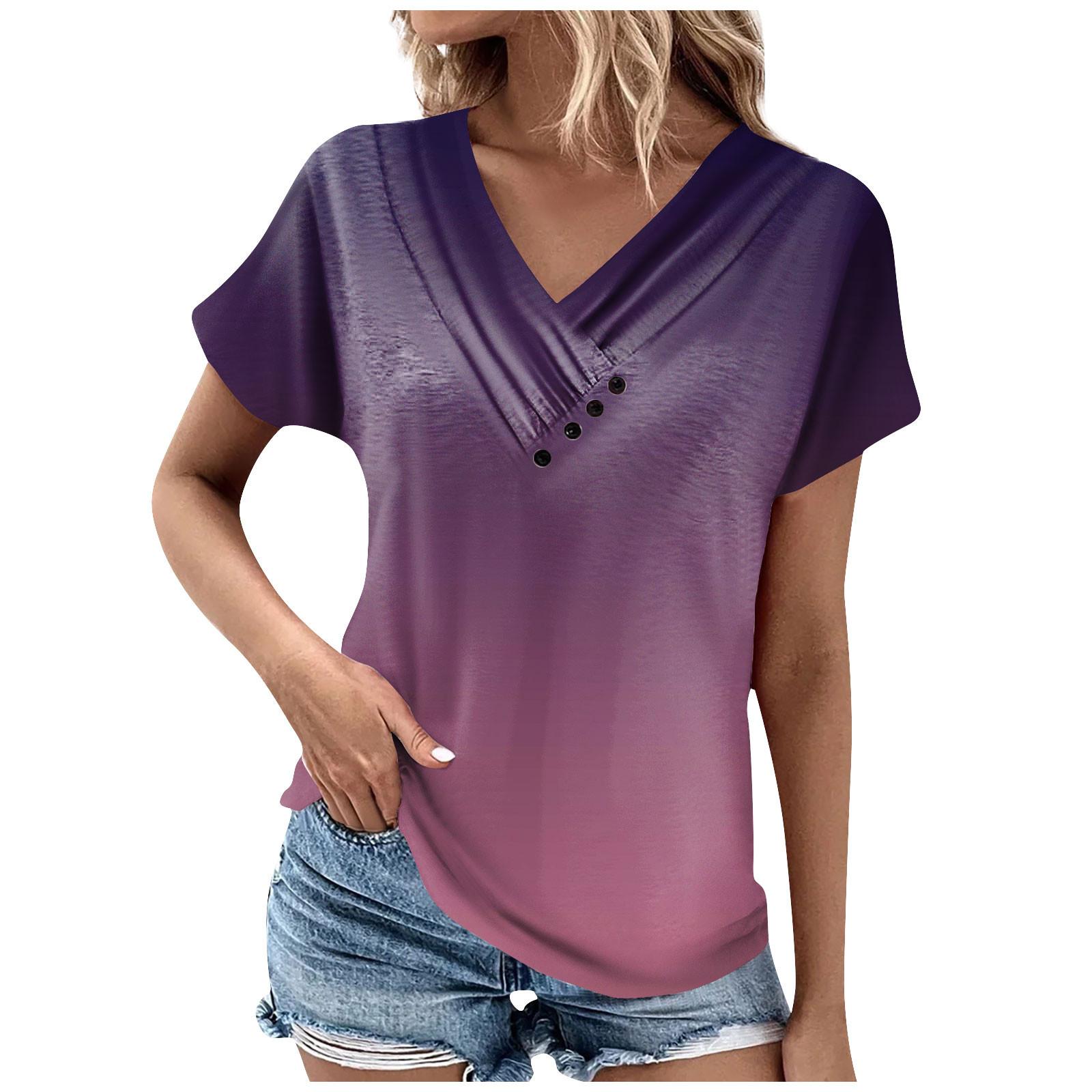 

Women s Fashion Casual V-Neck Short Sleeve T-Shirt Pleated Printed Button-Up S фіолетовий