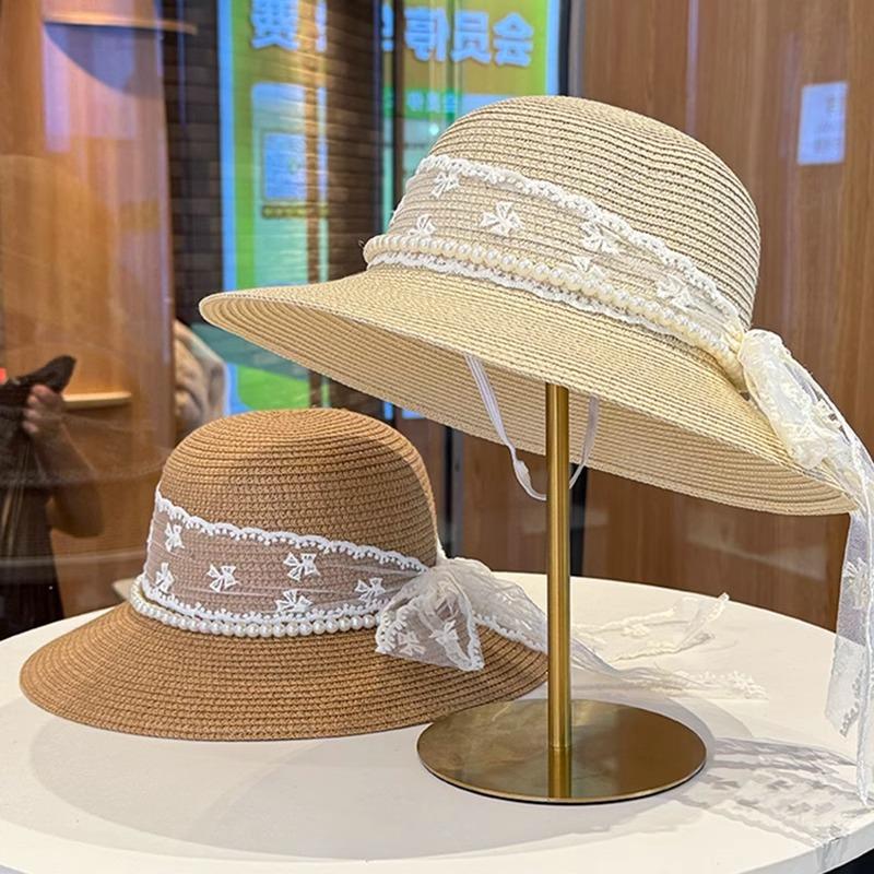 Pearl Lace Bow Straw Hat Women's New Summer Seaside Beach Straw Vacation Wind Sunshade Sunscreen Hat