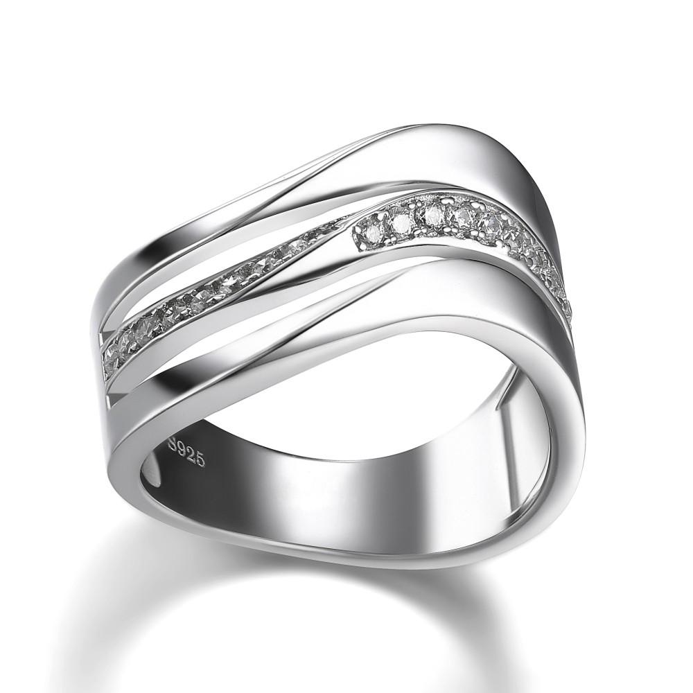 Huitan Fashion Contracted Office Lady Finger Rings Silver Color Wave Shape Shine CZ Stone Simple Daily Wear Party Women Jewelry