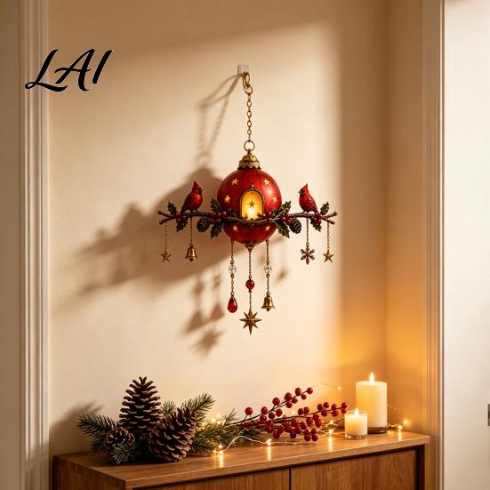 Vintage Stil Urlaubsdekoration Beleuchtetes Rote Beere Kiefernzapfen Ornament Vogel Weihnachtsglocke Winter Saisonale Aufhängung mit Warmem Leuchten Haus Veranda Kamin
