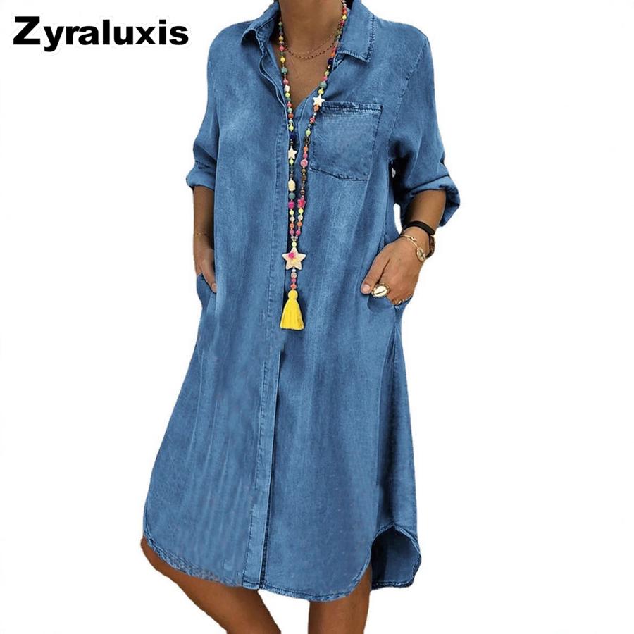 Plus Size Women's Denim Dresses Solid Color Loose Fit Casual Dress