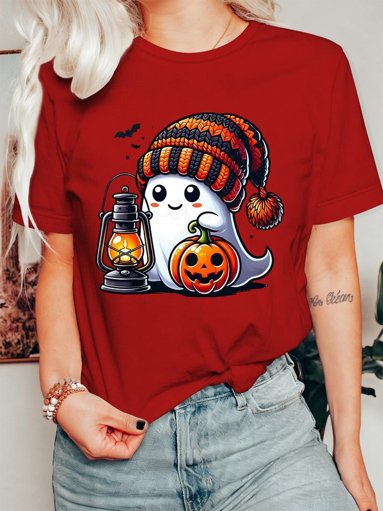 Halloween Ghost Womens T Shirt Knit Beanie Hat Lantern Pumpkin Bat Graphic Print Short Sleeve O Neck Casual Fall Party Tops