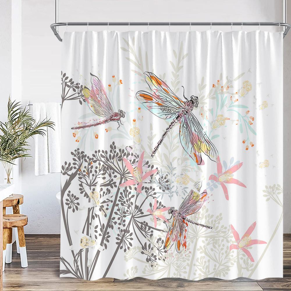 Butterfly Shower Curtains Multicolored Flowers Pastoral Floral Bathroom Decorations Rustic Polyester Bath Curtains with Hooks