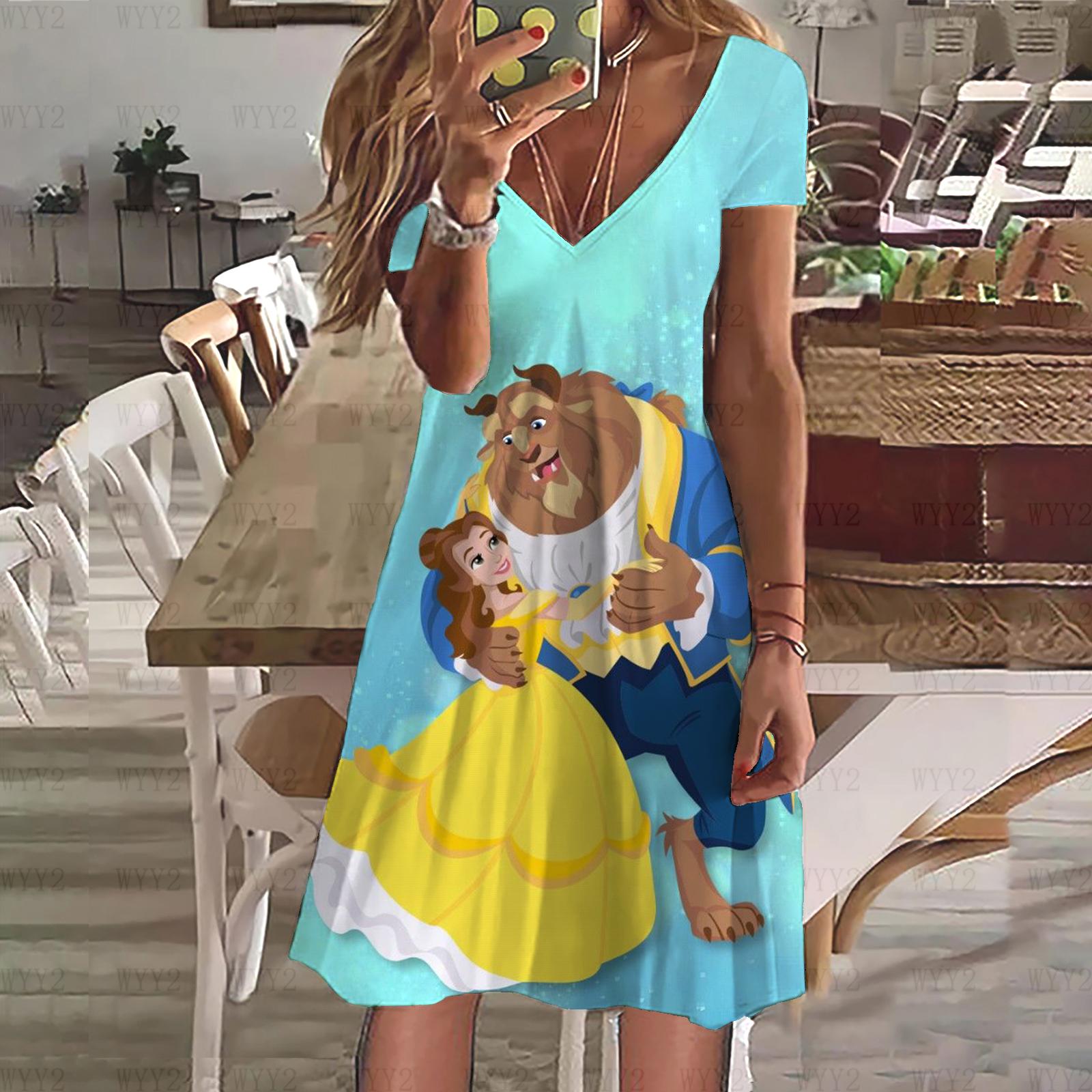 

Нова сукня Disney Красуня і Чудовисько Принт Літня Жіноча Сукня з V-подібним Вирізом та Коротким Рукавом Жіночий Одяг Повсякденний Вуличний Стиль 4XL