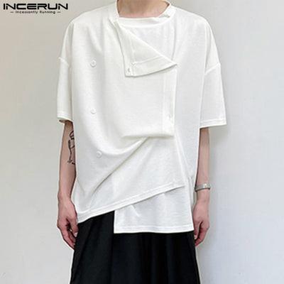 Oversized Summer Men Square Collar Short Sleeve Adjustable Buttons Casual Loose Tops T-shirts