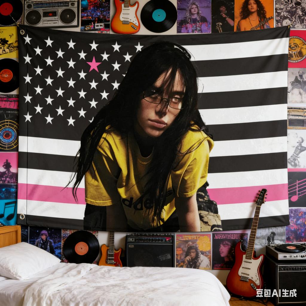 1 Stück Billie Eilish Amerikanische Flagge Wandteppich Polyester 2D Wandkunst Rosa Akzent Schwarz Weiß Dekor für Schlafzimmer Wohnzimmer Musik Fa