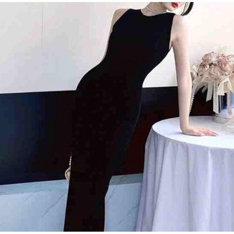 

Gentle big sister knitted skirt summer new round neck sleeveless vest skirt split dress one size fits all чёрный