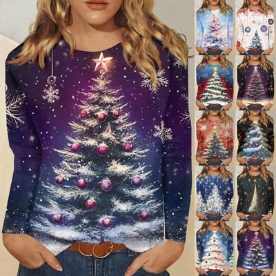 Dámske módne ležérne tričko s dlhým rukávom a vianočnou potlačou, s okrúhlym výstrihom