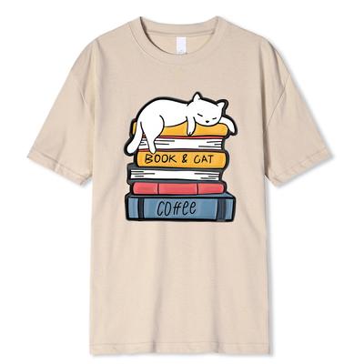 White Cat Sleeping On A Pile Of Books Print Clothing Men High Quality T-Shirt Summer Cotton T-Shirts Loose Tops