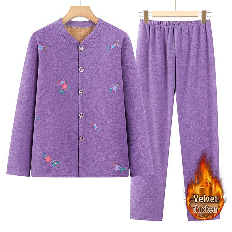 Women's Plus Velvet Warm Pajama Cardigan Set for Fall/Winter – Two-Piece Homewear for Grandma/Mom