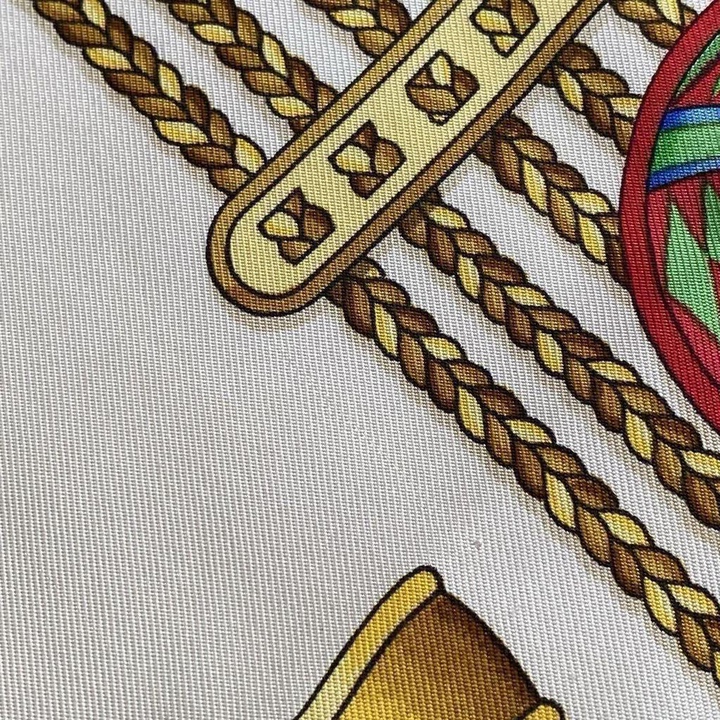 Used HERMES LES RUBANS DU CHEVAL Hermes Horse Ribbon Decoration Scarf Silk Carr 90 Rosette Gray White Large Vintage